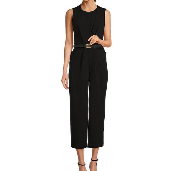 Calvin Klein Sleeveless Crew Neck Belted Scuba Crepe Crop Jumpsuit Size 2 - Picture 1 of 13
